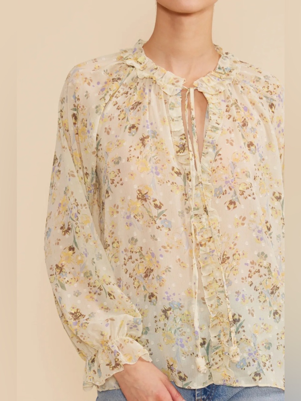 Lucy Paris Sheer Ruffled Tie-Neck Floral Blouse